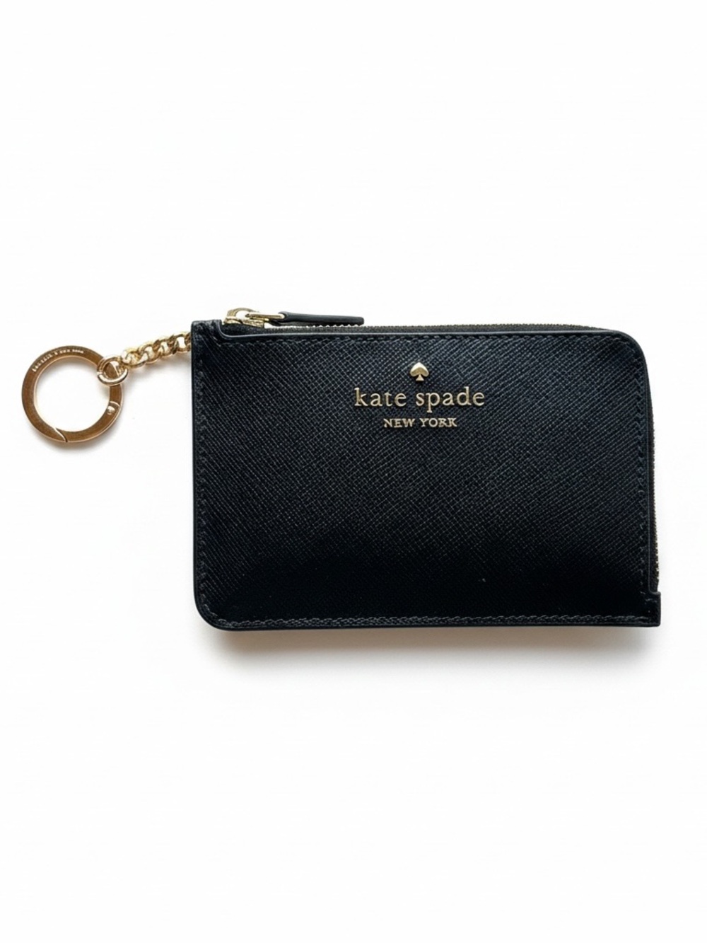 kate spade black leather keychain wristlet card & key holder with gold hardware